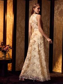 MOTF PREMIUM 亮片花卉刺绣撞色网纱鸡尾酒裙