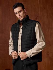 Officeau 1pc Men's Sleeveless Jacket, Stand Collar, Warm & Fashionable Versatile Outerwear, Autumn/Winter, Old Money - Black - View 1