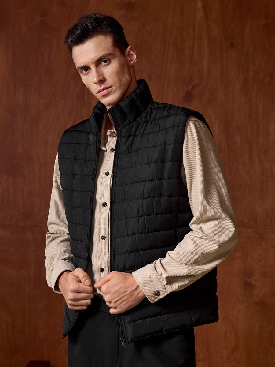 Officeau 1pc Men's Sleeveless Jacket, Stand Collar, Warm & Fashionable Versatile Outerwear, Autumn/Winter, Old Money - Black - View 1