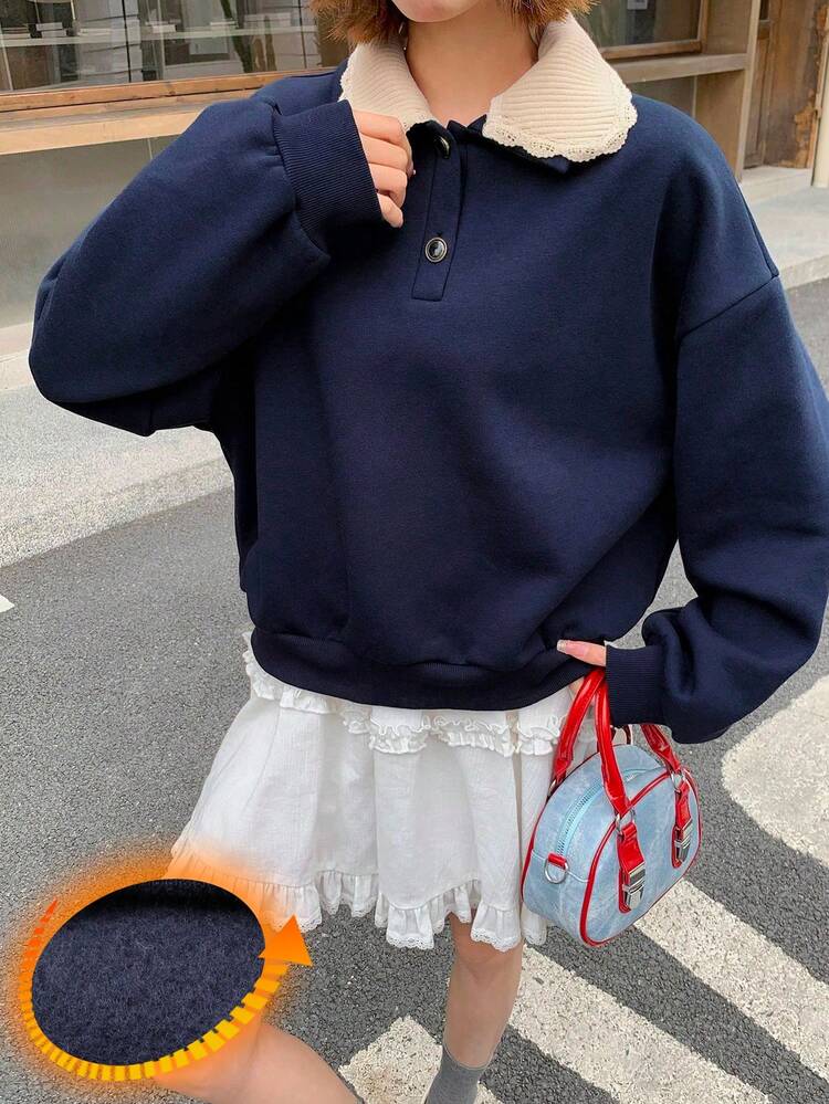 Fleece Patchwork Contrast Color Turndown Collar Loose Long Sleeve Casual Sweatshirt For Women, Autumn/Winter