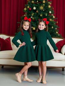 Young Girls A-Line High Collar Knitted Dress Girl Clothes Autumn Girls Dark Green Dress Girls Sweater Dress Winter Clothes Green Toddler Dress Christmas Girls Dress Girls Green Dress Girls Cable Knit Dress - Green - View 2