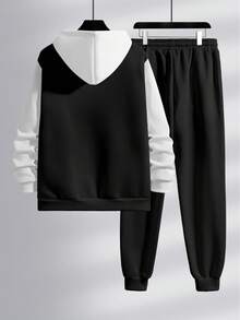 Manfinity Homme Men's Casual Contrast Stripe Print Drawstring Hoodie And Sweatpants Set, Spring/Autumn - Multicolor - View 2