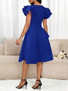 SHEIN Lady Sweetheart Collar Ruffle Cap Sleeve Pleated Waist Elegant Rhinestone Embellished Dress - Royal Blue - View 2