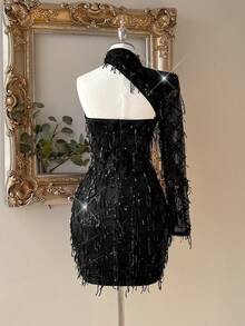 Lovelzi Elegant Black Sequin Tassel Fabric Long Sleeve Strapless Dress, Fashionable Dress For Wedding,Graduation Season,Cocktail Party&Vacation - Black - View 7