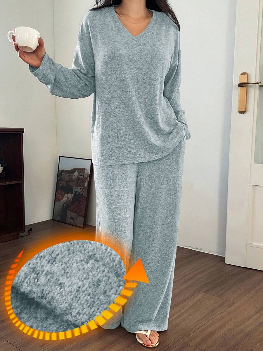 DAZY 女士简约抓绒针织宽松长袖上衣和裤子睡衣套装（2件套），秋冬季 - 藍色 - 查看 1