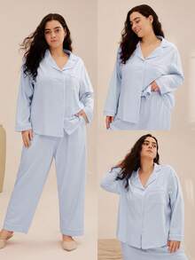 LUVLETTE Autumn And Winter Plus Size Soft 100% Pure Cotton Basic Button-Up Top & Pants Loungewear Pajama Set Cotton Pajamas - Blue - View 2
