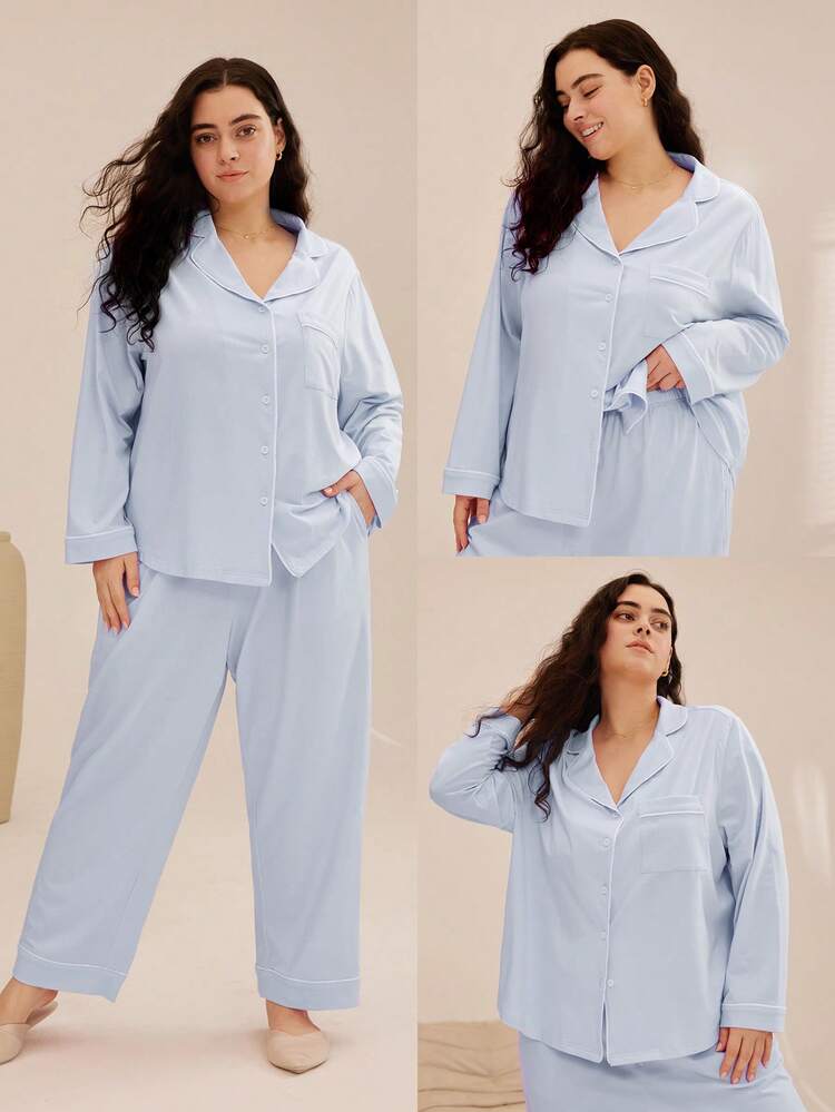Conjunto de pijama de algodón 100% puro suave de talla grande para otoño e invierno con top abotonado básico y pantalones