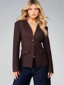 MISSGUIDED 经典羊毛无领西装外套，纽扣前襟，翻盖口袋，适合专业办公场合穿着。 - 咖啡棕 - 查看 1