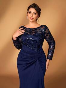 Serin Váy dài tay cổ tròn thêu kim sa màu tím sang trọng cỡ lớn, thanh lịch, lãng mạn, sang trọng, viền chữ A xếp nếp không đều, thích hợp cho tiệc tối, hẹn hò, dạ hội, kỳ nghỉ, đám cưới, váy cưới cho mẹ cô dâu - Màu xanh hải quân - Xem 7