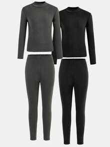 SHEIN 两件套男童休闲纯色圆领长袖上衣和裤子内搭套装，波西米亚哥特风 Y2K 街头风锐舞度假假日派对节日秋冬复古休闲舒适装