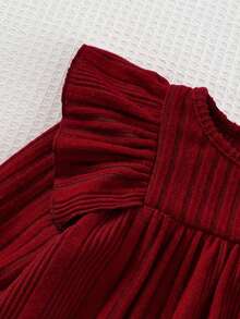 Cozy Pixies Gaun Bayi Perempuan Rajut Warna Polos Lembut dengan Leher Bulat, Hem Berkerut, Pinggang Diikat, Lengan Panjang, Gaun Musim Gugur/Natal - Merah - View 4