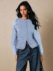 Poéselle 女士格子圆领纽扣灯笼袖休闲衬衫 - 淺藍色 - 查看 6