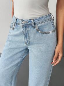 EURMUSE Low Waist Front Pocket Detailed Straight Jean Low Rise Western Jeans Rodeo Rhinestone Denim Mom Jeans For Women Cowgirl Jeans Y2k Jeans - Light Wash - View 3