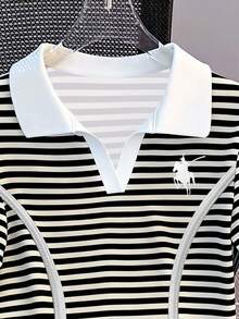 Resyla Women's Fashion Casual Striped Print Collared V-Neck Short Sleeve T-Shirt - Black and White - View 3