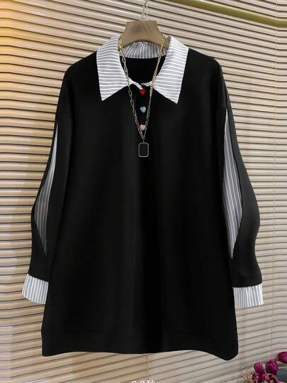 INAWLY 大码女式宽松撞色条纹爱心纽扣休闲卫衣