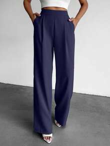 EURMUSE 小码女士纯色高腰褶裥直筒休闲裤 - 藏蓝色 - 查看 1