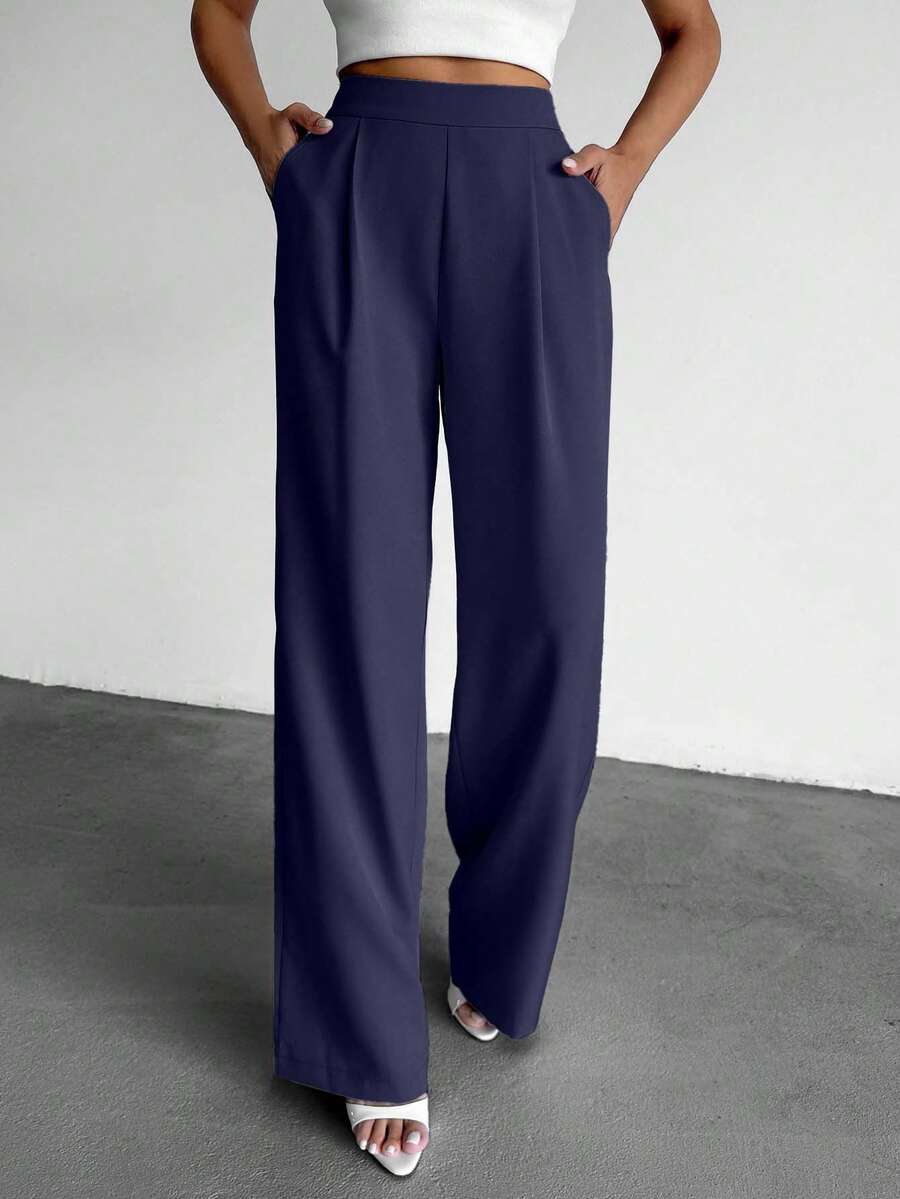 EURMUSE 小码女士纯色高腰褶裥直筒休闲裤 - 藏蓝色 - 查看 1