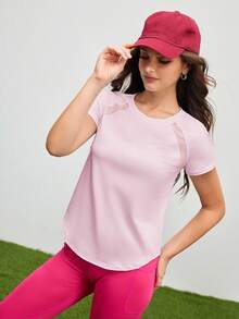 Cheerettes Áo thun thể thao tay ngắn cổ tròn tay raglan màu trơn dành cho nữ - Hồng - Xem 1