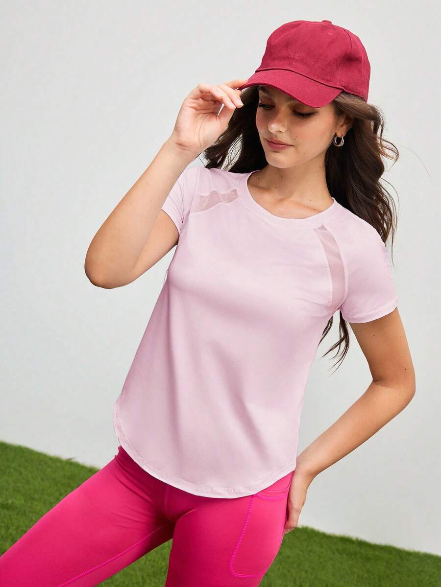 Cheerettes Áo thun thể thao tay ngắn cổ tròn tay raglan màu trơn dành cho nữ - Hồng - Xem 1