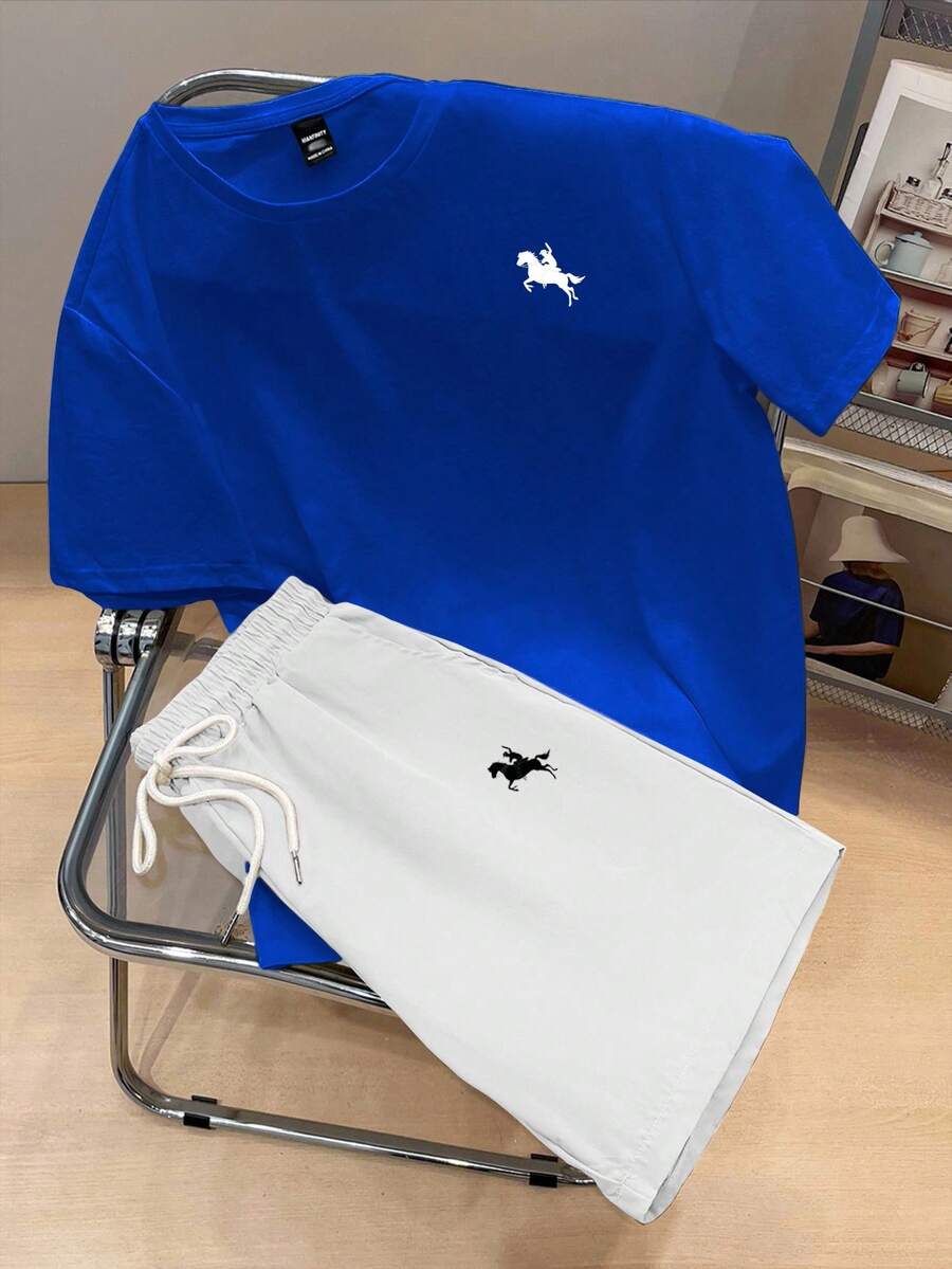 Manfinity Joysei 2 件套：休闲骑马者剪影印花修身针织短袖 T 恤和梭织短裤，适合男士，是送给男朋友的理想礼物，舒适服装 - 彩色 - 查看 1