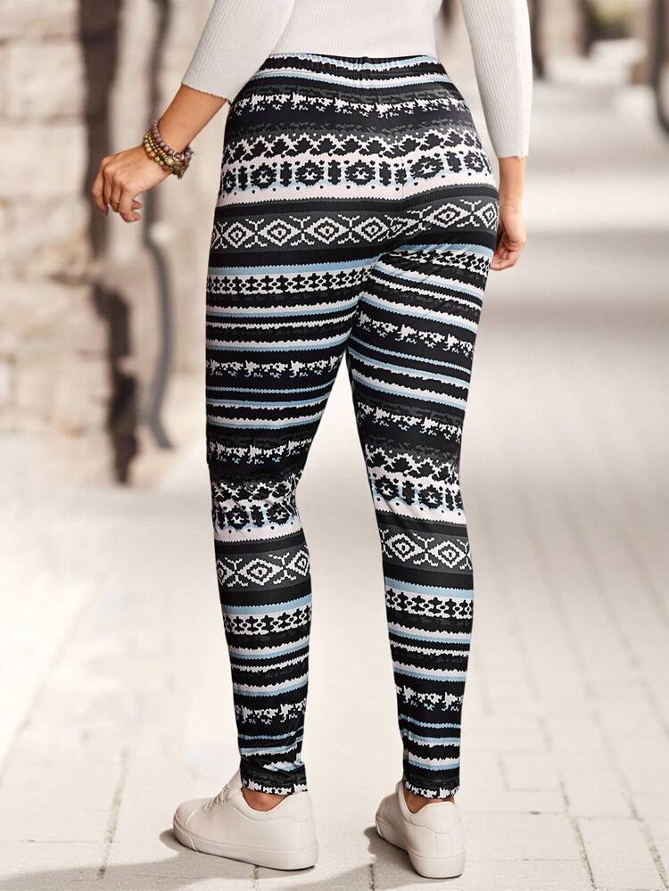 Plus Size Women Fall/Winter Country Casual Vacation Women Vintage Striped Print Fuzzy Inside Warm Leggings,Autumn/Winter,Going Out,2025 New,Simple And Fashionable For Everyday Wear, Plus Size Winter, Christmas For Women, New Year,Winter For Women,Thanksgiving For Women,Winter Pants Leggings