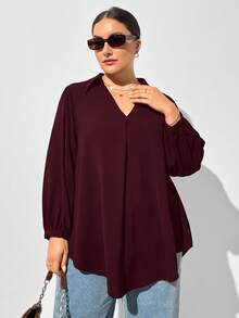 SHEIN Essnce Camisa de manga larga holgada y cómoda de cuello en V de color rojo púrpura para mujer talla grande, otoño e invierno, ropa de mujer, blusas de mujer, dinero viejo, casual de negocios, ropa de oficina para mujer, disfraces de mujer, blusas de mujer, regreso a casa, maestro, blusas de trabajo