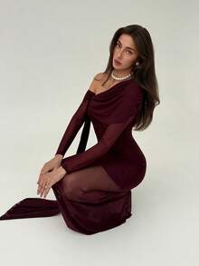 Aloruh 女士紫色褶皱雪纺连衣裙，垂肩设计 - 紫色 - 查看 7