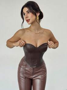 Firerie 女士棕色时尚性感派对PU抹胸露脐上衣，皮革束身衣，棕色上衣，夜店上衣，俱乐部上衣，棕色束身衣，派对上衣，皮革上衣，冬季上衣，抹胸束身衣，圣诞节上衣，新年上衣，情人节上衣 - 棕色 - 查看 9