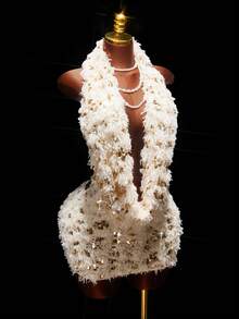 Amplova Váy ngắn hở lưng cổ yếm màu trơn gợi cảm không tay cho nữ - Màu be - Xem 2