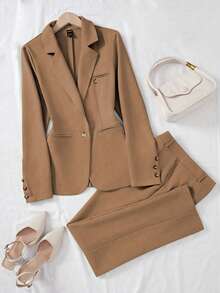 Franclia Women's Casual Solid Color Single-Button Suit Set Blazer Set Women Women S Suit Set 2 Pieces Sets Woman Classy Women Blazer Suit