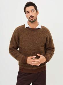 Manfinity CityGents 男士纯色圆领落肩长袖休闲羊毛衫，秋冬款 - 棕色 - 查看 6