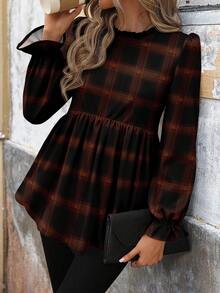 SHEIN LUNE Women's Casual Autumn/Winter Christmas Plaid Colorblock Print Basic Shirt, Suitable For Work Commute And Chic Outings New Year Party Plaid Top,Casual - Multicolor - View 3