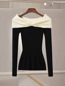 Franclia Women's Fashionable Faux Fur Off Shoulder Fitted Pullover Sweater, Autumn/Winter - Black and White - View 1