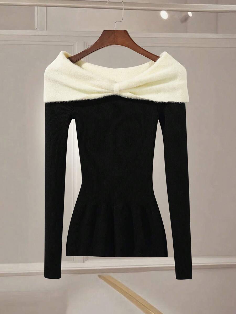 Franclia Women's Fashionable Faux Fur Off Shoulder Fitted Pullover Sweater, Autumn/Winter - Black and White - View 1