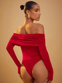 Hauture Drape Wrap Long Sleeve Unitard, Solid Color Off-Shoulder Fitted Ruched Bodysuit - Red - View 4
