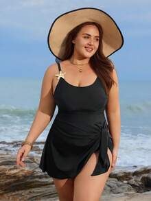 Swim Lushoire Plus Size Women 2 Pieces Swimsuit With Ruched Waist, Starfish Metal Decor, Side Tie Skirt, Suitable For Beach, Pool, Vacation - Black - View 3