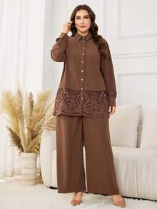 Lacomfia Bộ 2 món áo sơ mi tay dài màu trơn đơn giản, đơn giản, cỡ lớn, viền bèo nhún, quần ống rộng cạp chun, xuân/thu - màu nâu - Xem 4