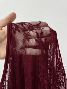 NU&NOW 大码女士优雅交叉吊带设计，蕾丝拼接，荷叶边细节，鱼尾裙摆，时尚派对、夜生活、晚宴、生日礼服，秋季新款长裙 - 酒紅色 - 查看 7