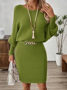 SHEIN LUNE 女士纯色灯笼袖罗纹修身针织连衣裙 - 綠色 - 查看 3