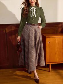 Vintamour Vintage Elegant Women Shirt Contrast Trim Bowknot Frill Trim Button Casual Blouse For Work Vacation Autumn Fall Winter Christmas, Elegant Women's Blouses Green School