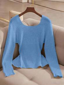 Franclia Áo len chui đầu màu trơn thiết kế cổ chữ V thanh lịch mới dành cho nữ, đa năng cho mùa thu - Màu xanh lam - Xem 2