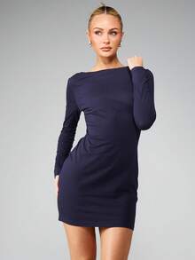 MISSGUIDED Bodycon Long Sleeve Boat Neck Ruched Mini Dress Evening Party Fall Winter Style - Navy Blue - View 1
