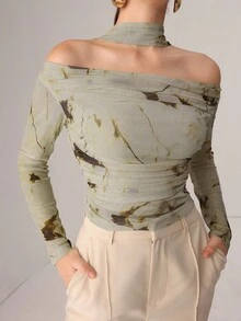 Modelyn Áo thun lưới mỏng dệt kim in ruy băng gợi cảm mùa thu - màu xanh lá - Xem 6