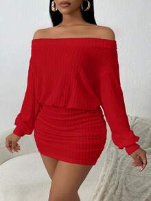 SHEIN SXY 1 buah Gaun Mini Ketat Berkerut Warna Polos Tanpa Bahu, Gaun Merah untuk Wanita, Gaun Natal Lengan Panjang Tanpa Bahu Kasual Nyaman Ketat - Merah - View 7