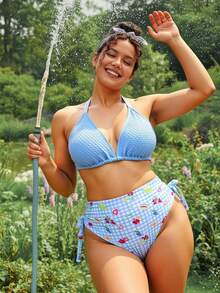 Swim Mod Plus Size Women 2pcs Textured Triangle Cami Top & Drawstring Triangle Bottoms Cute Printed Sexy Beach Vacation Minimalist Bikini Set - Multicolor - View 7