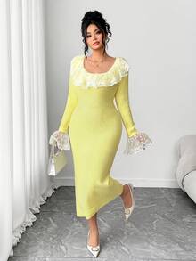 Elenzga Women's Elegant Lace Trim Long Sleeve Loose Fit Flattering Plus Size Sweater Dress, Outerwear, Women's Winter Dress - Yellow - View 6