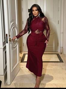 NU&NOW 大码女士优雅交叉吊带设计，蕾丝拼接，荷叶边细节，鱼尾裙摆，时尚派对、夜生活、晚宴、生日礼服，秋季新款长裙 - 酒紅色 - 查看 5