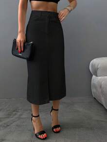 EURMUSE Women\ Solid Color Denim Skirt With Pockets And Buttons - Black - View 4