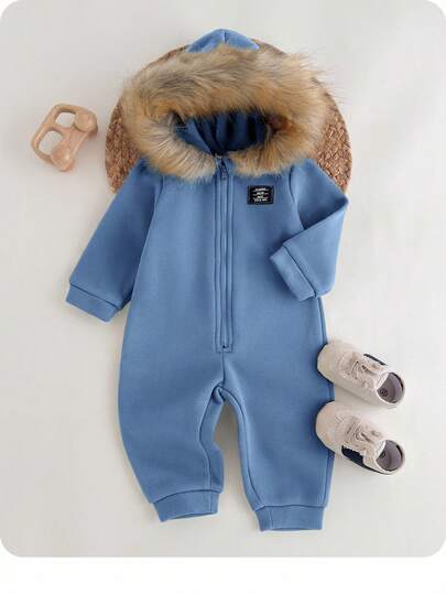 Casual College Style Comfortable Solid Color Knitted Thermal Lined Hooded Jumpsuit, Suitable For Commuting, Daily Wear, Outings, Sports, Autumn/Winter Seasons, For Baby Boys And Girls