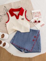 Genkimix Kids Set de 2 piezas para niñas pequeñas: Top de chaleco con cuello y parche en forma de corazón, de tela de punto texturizada color albaricoque, y falda pantalón de mezclilla con volantes y bordado floral vintage de cerezas